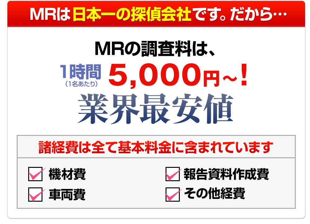 MRは日本一の探偵会社です。だから…MRの調査料は、業界最安値！